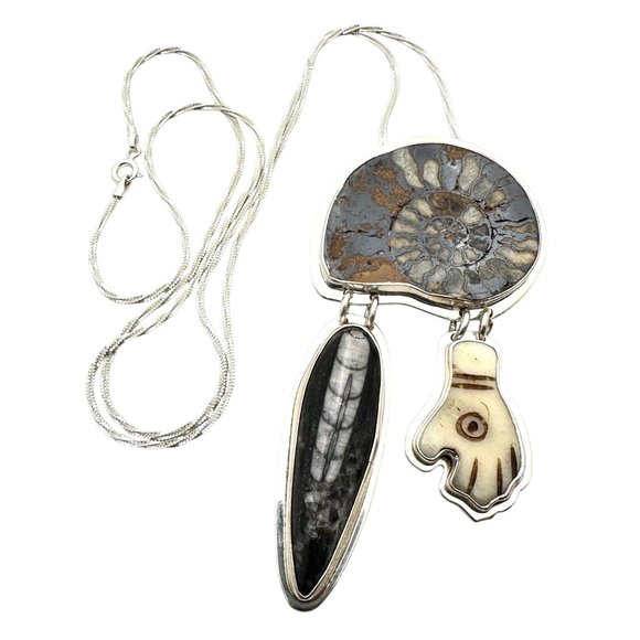 Artisan SW Sea Shell Ammonite Orthoceras Fossil Sterling Silver Pendant Necklace - Picture 2 of 4